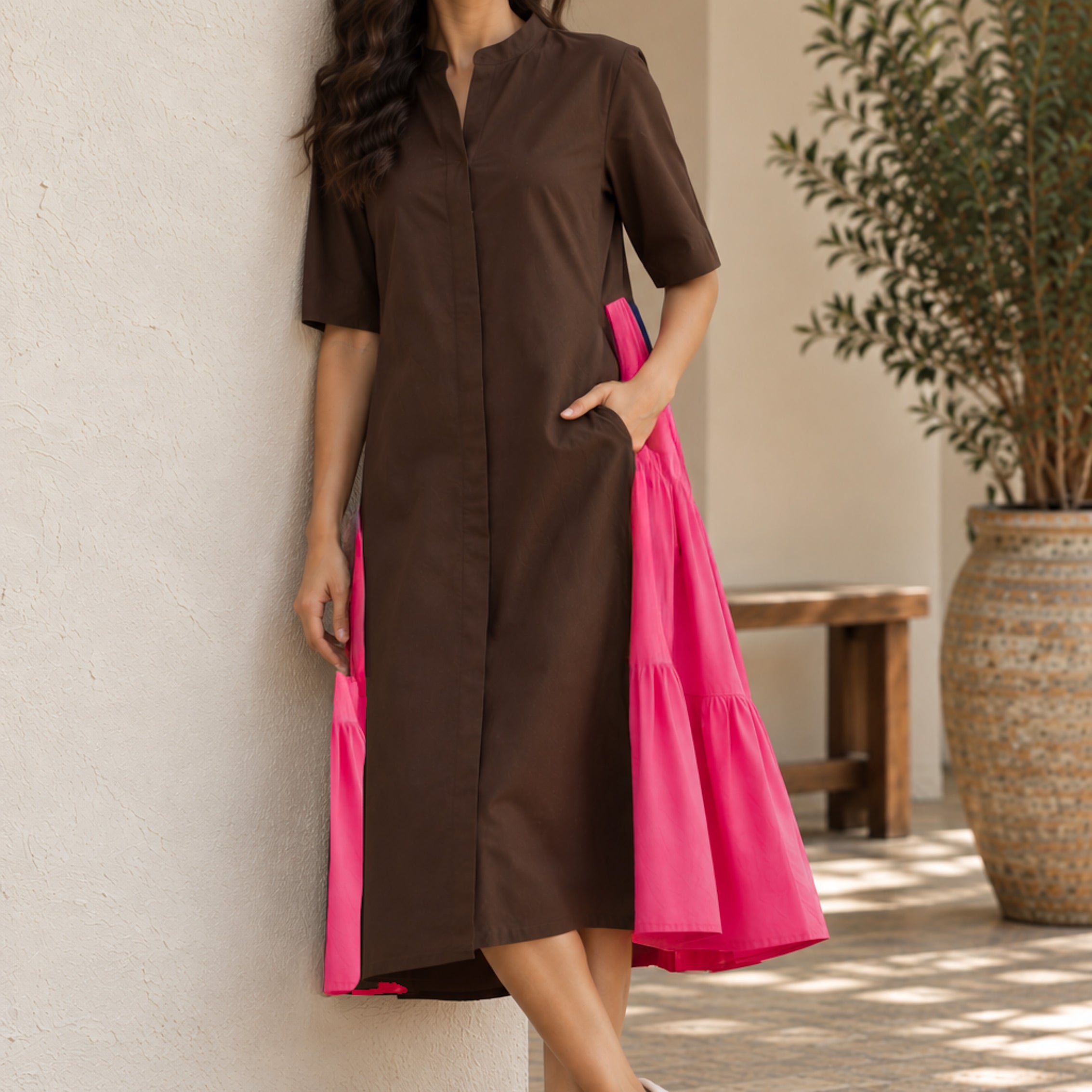 Colourblock Side-Gathered Dress