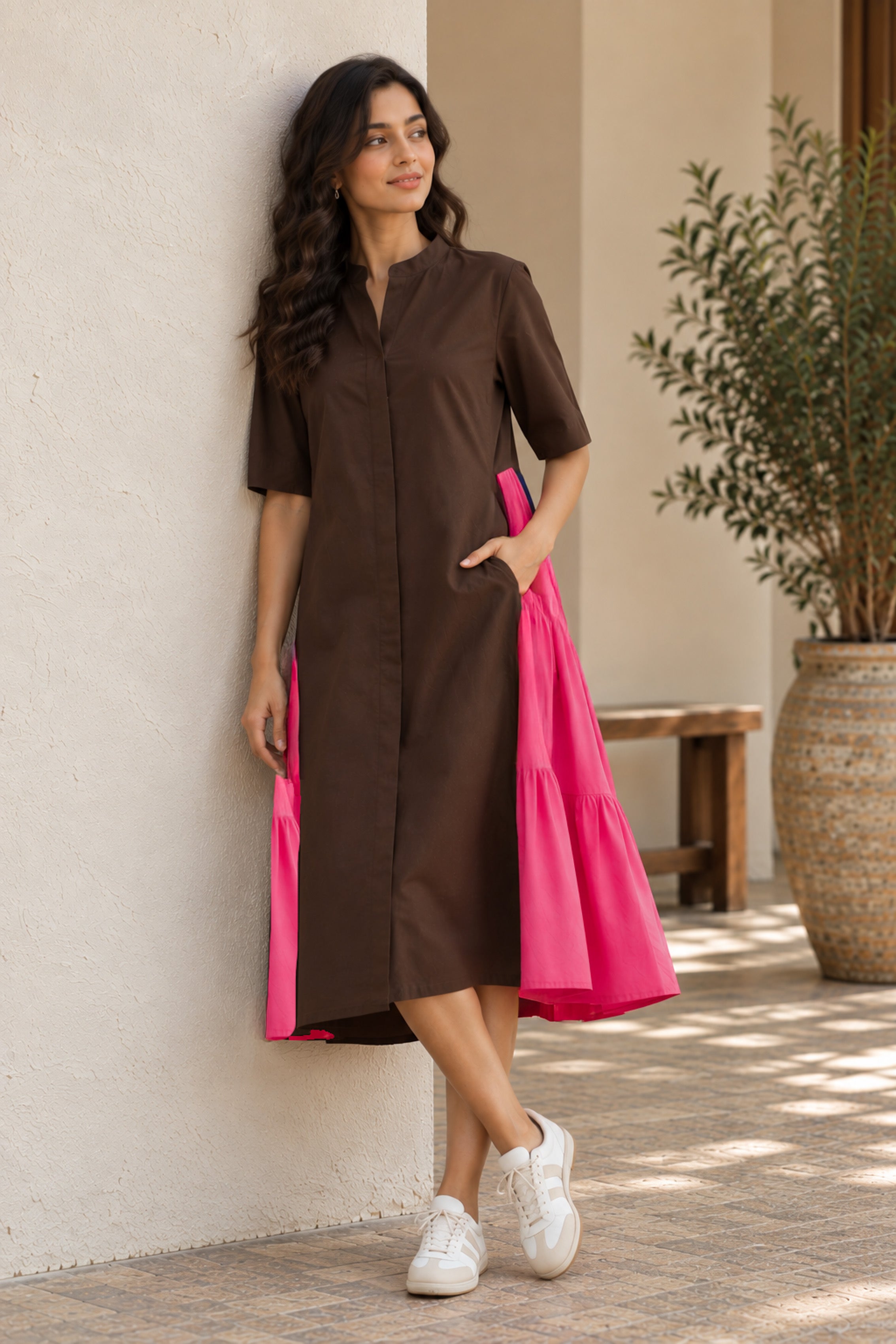 Colourblock Side-Gathered Dress