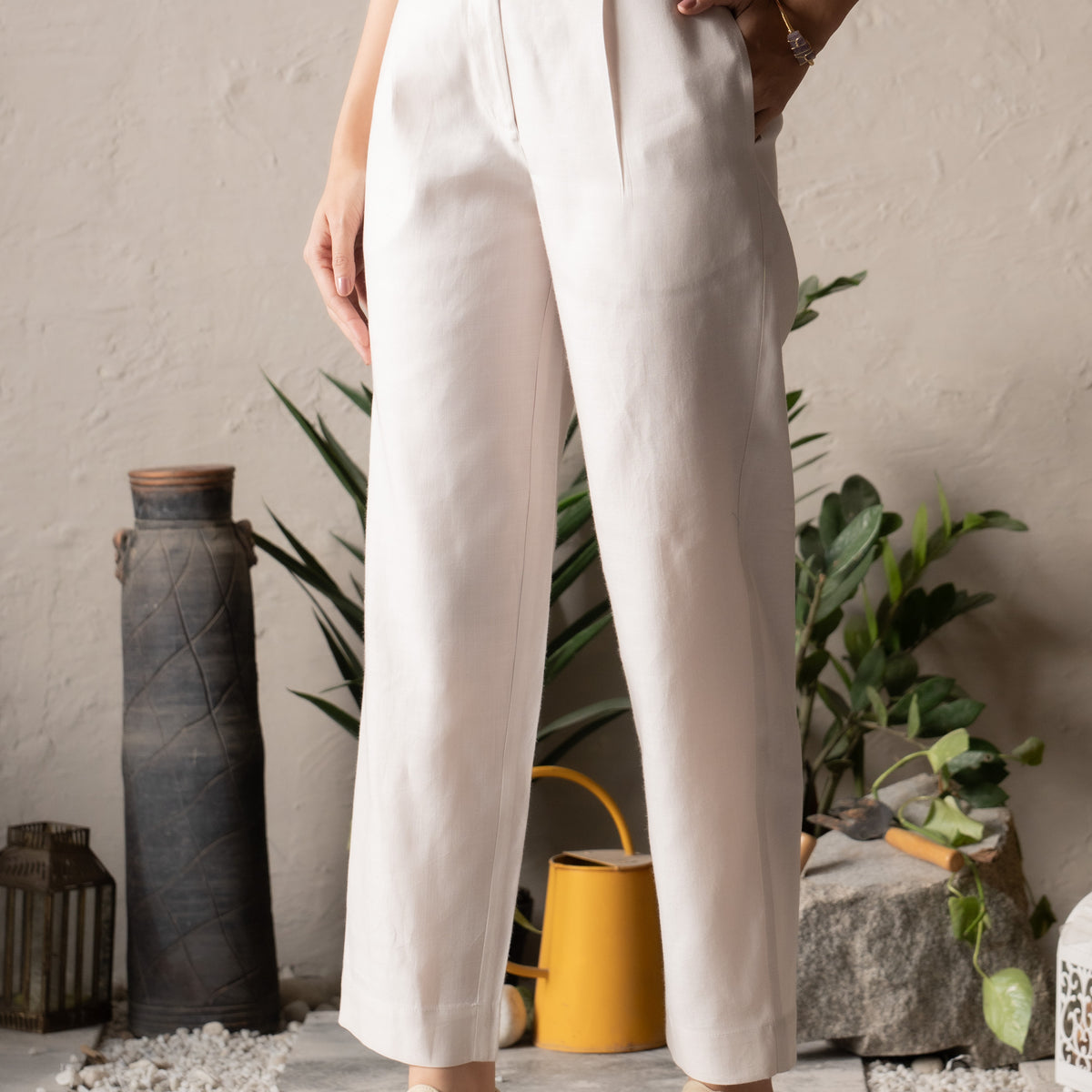 Glazed White Pleated Pants High Waist with Side Pockets Canoopi — free download
