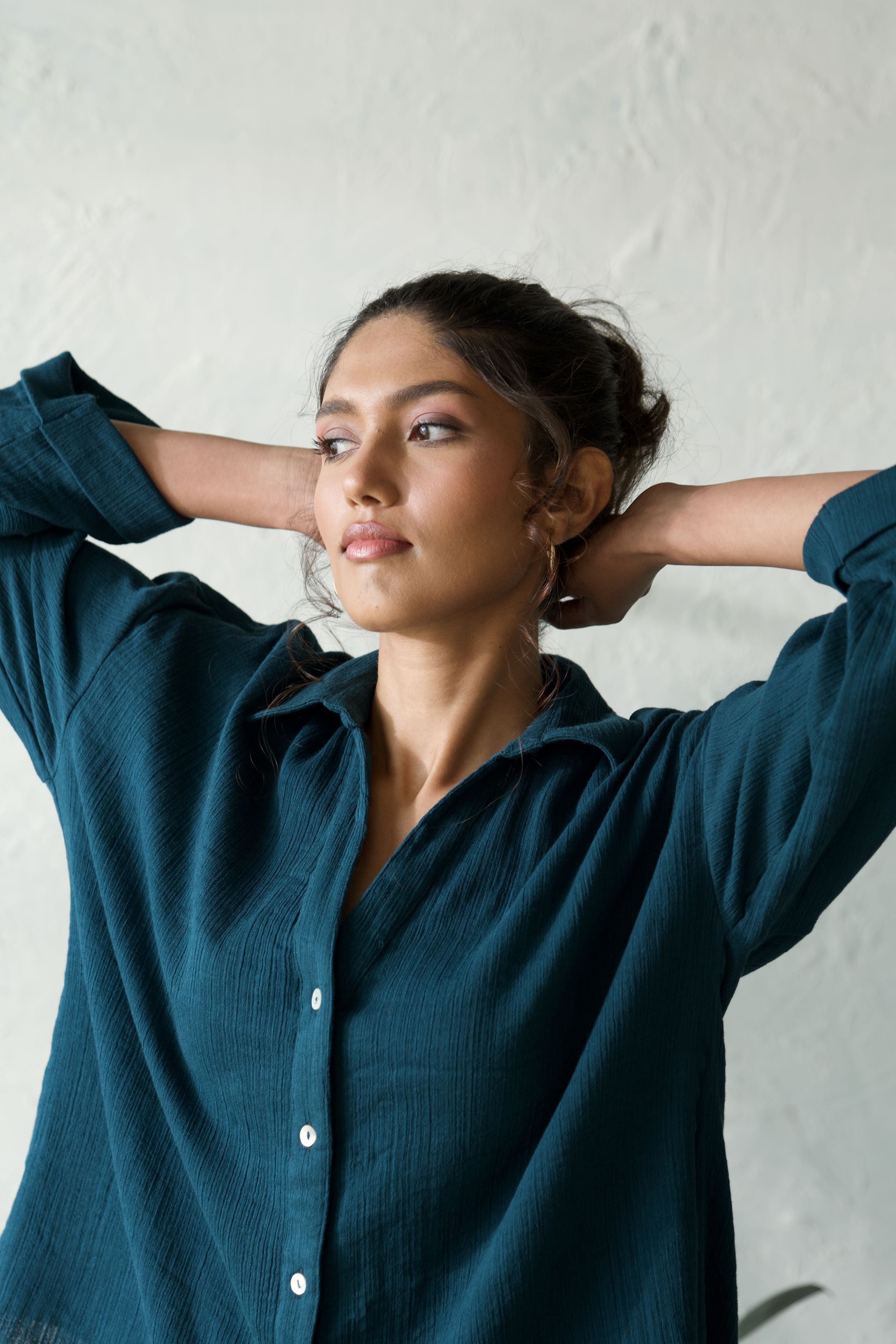 Dewy Blue Oversized Shirt | Natural Crinkle Fabric & Loose