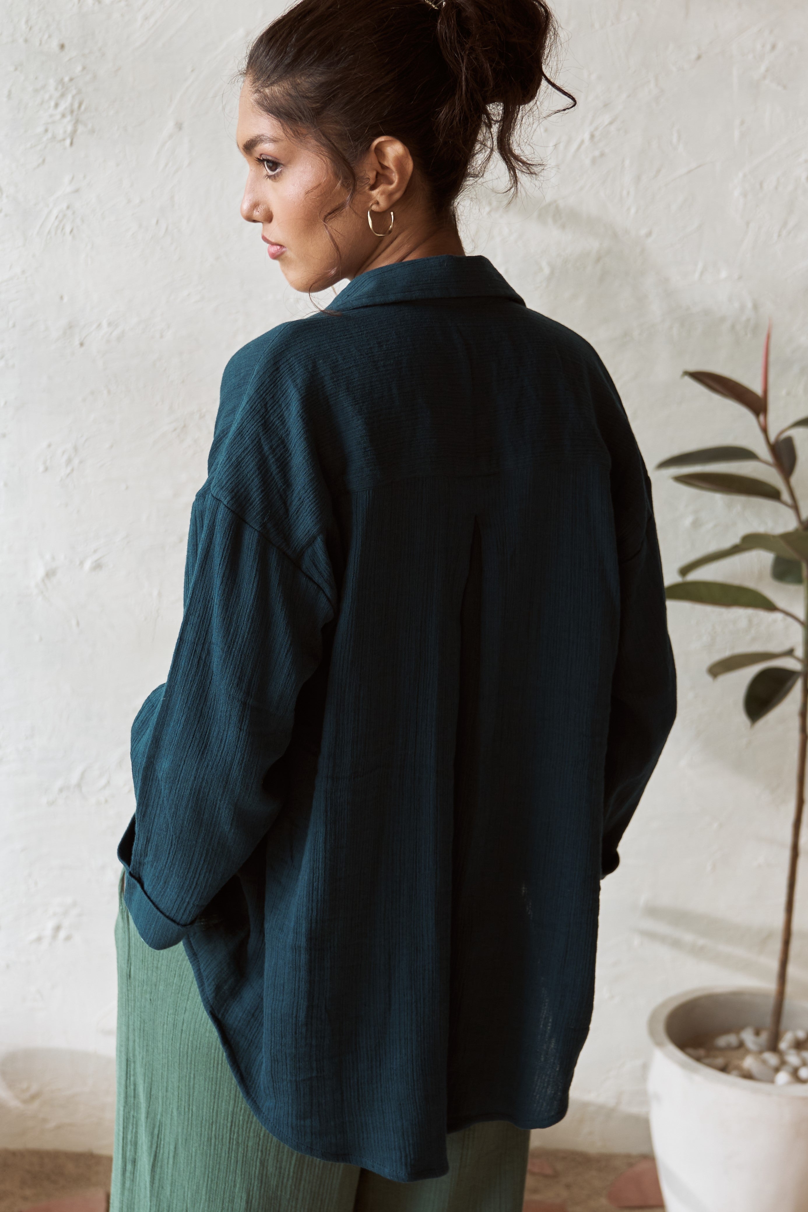 Dewy Blue Oversized Shirt | Natural Crinkle Fabric & Loose